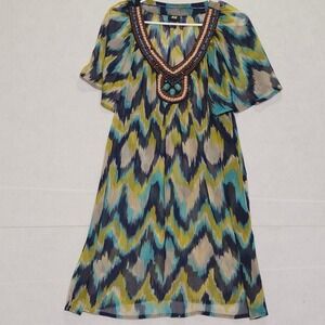 HM Women Blue Green Ikat Chevron Beaded V-Neck Flutter Sleeve Mini Dress Size 8